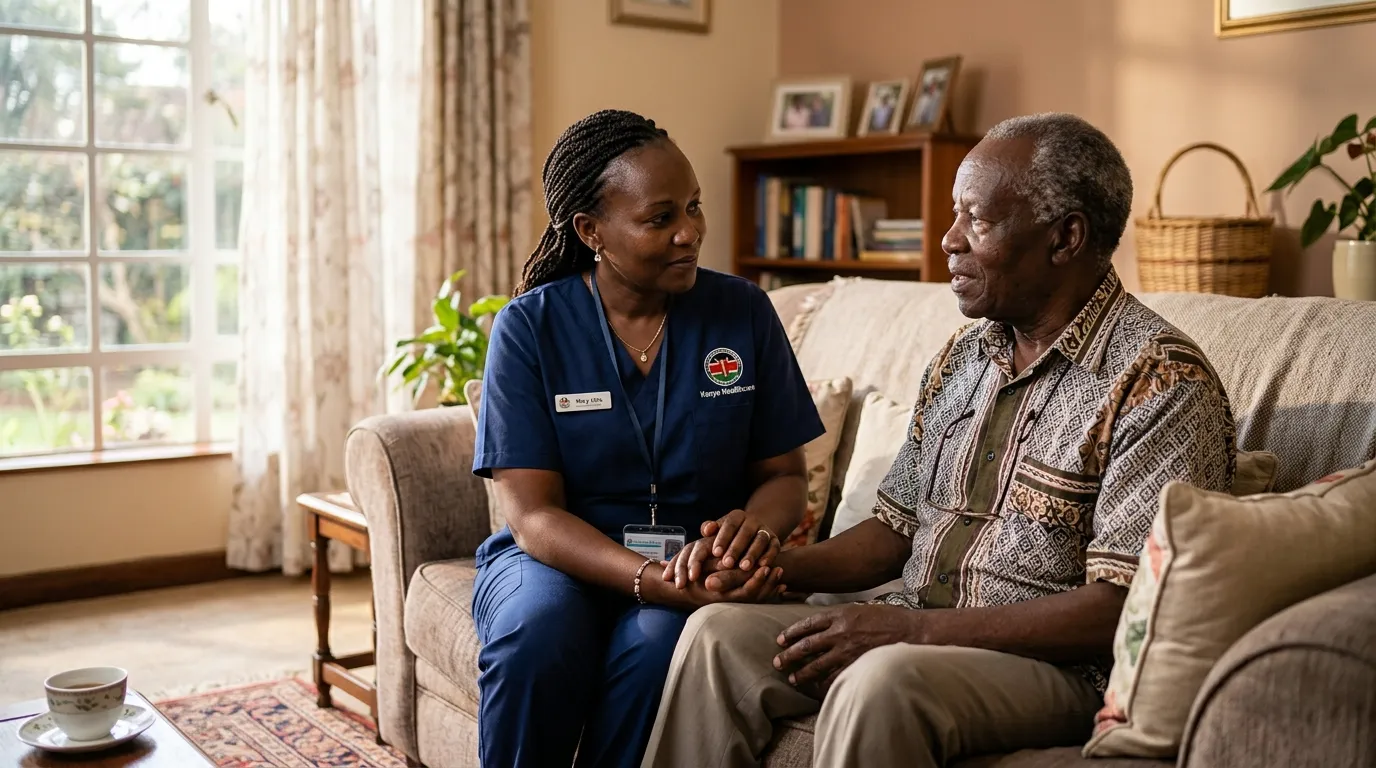 Nurse gently holding the hand of an elderly patient